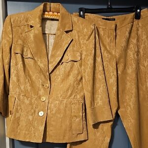 VINTAGE Les Copains Textured Tan Blazer Pants Floral Suit Jacket Size 11 Italy